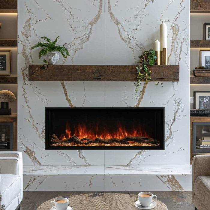 Electric fireplace in a rustic, modern living room with wooden shelves on the sides of a white marble accent wall