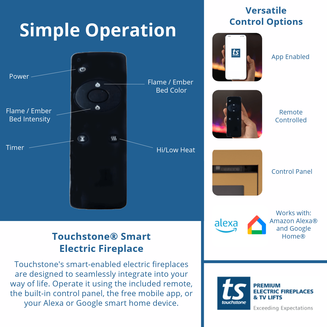 Touchstone Sideline Deluxe Gold 50-Inch control options: remote control, mobile app, control panel, Alexa and Google Home