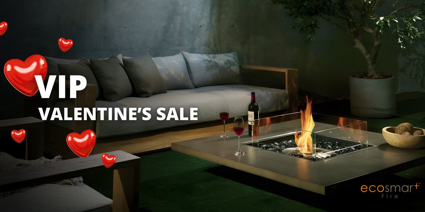 Valentine's Day sale advertisement with a cozy outdoor setting featuring a fire pit and 'VIP Valentine's Sale' text.