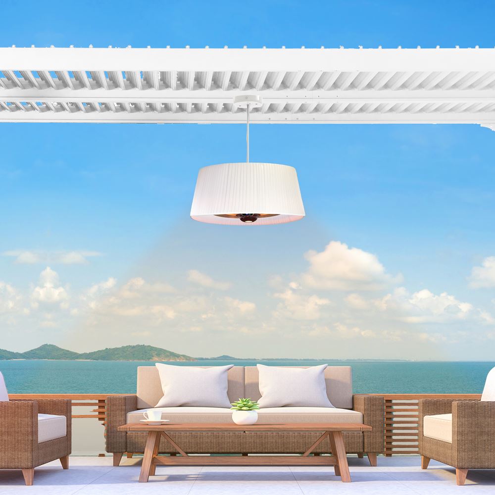 paragon outdoor SOL pendant white electric heater on a patio overlooking the sea