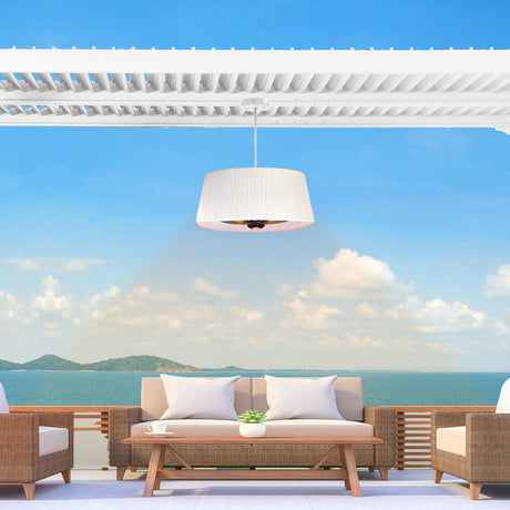 paragon outdoor SOL pendant white electric heater on a patio overlooking the sea