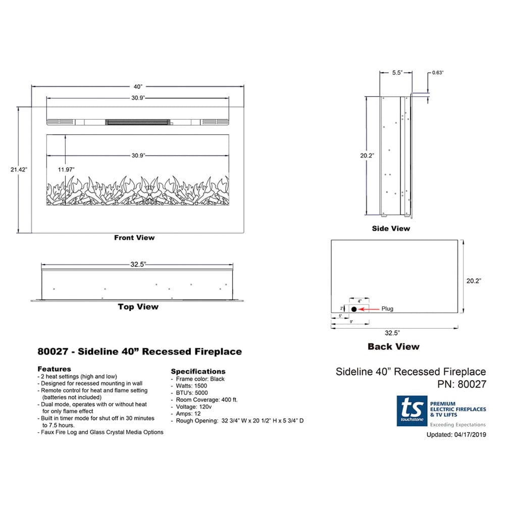 Touchstone Sideline 40-Inch dimensional drawing