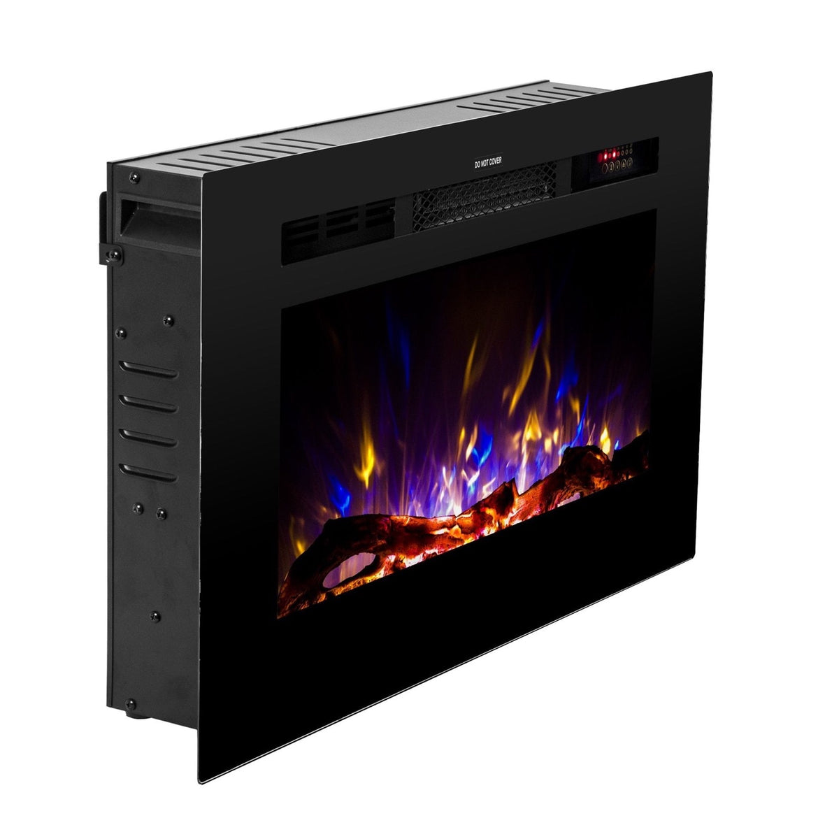 Touchstone Sideline 28-Inch recessed electric fireplace, angled view on white