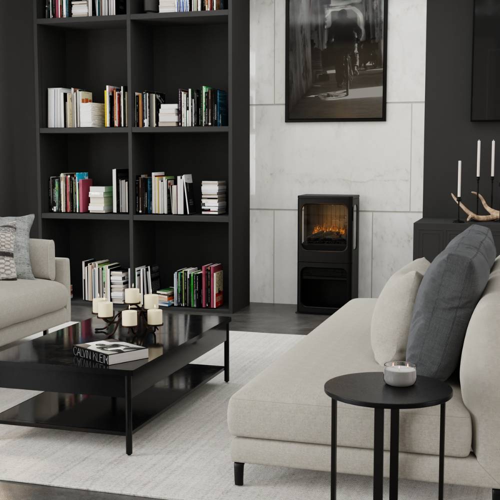 Dimplex Opti-Myst Mapleton Beside Book Case in Living Room