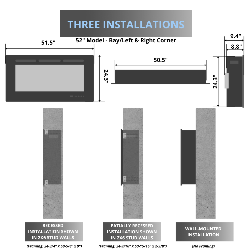 EcoSmart Fire Motion 52-Inch Electric Fireplace Bay, Left & Right Corner Installation