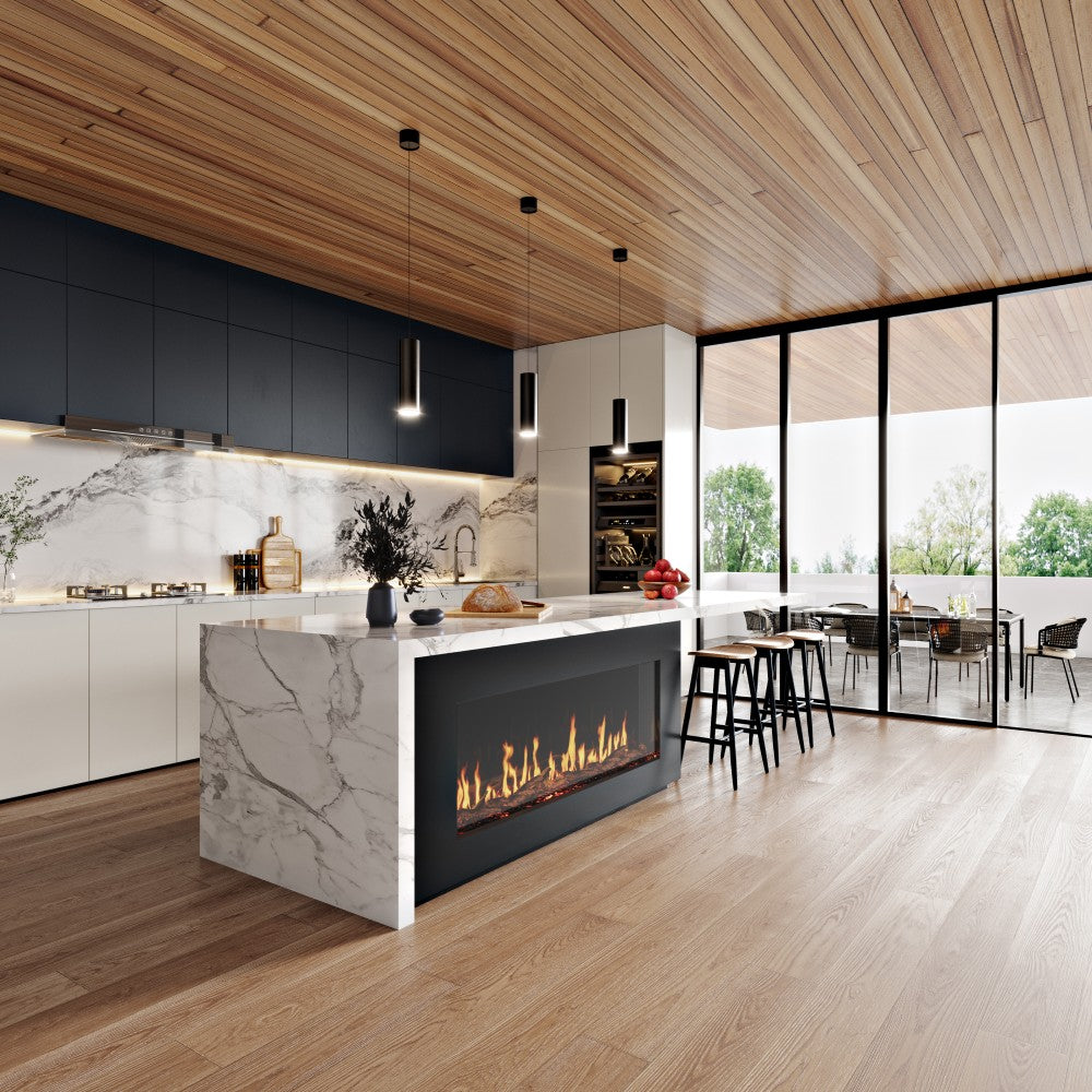 EcoSmart Fire Motion Linear Built-In Electric Fireplace Kitchen Area