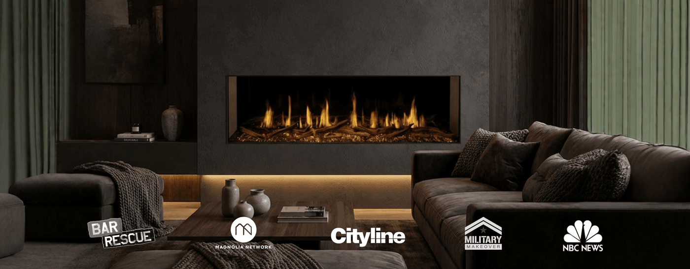 Modern living room with a gas fireplace and 'Cityline' branding.
