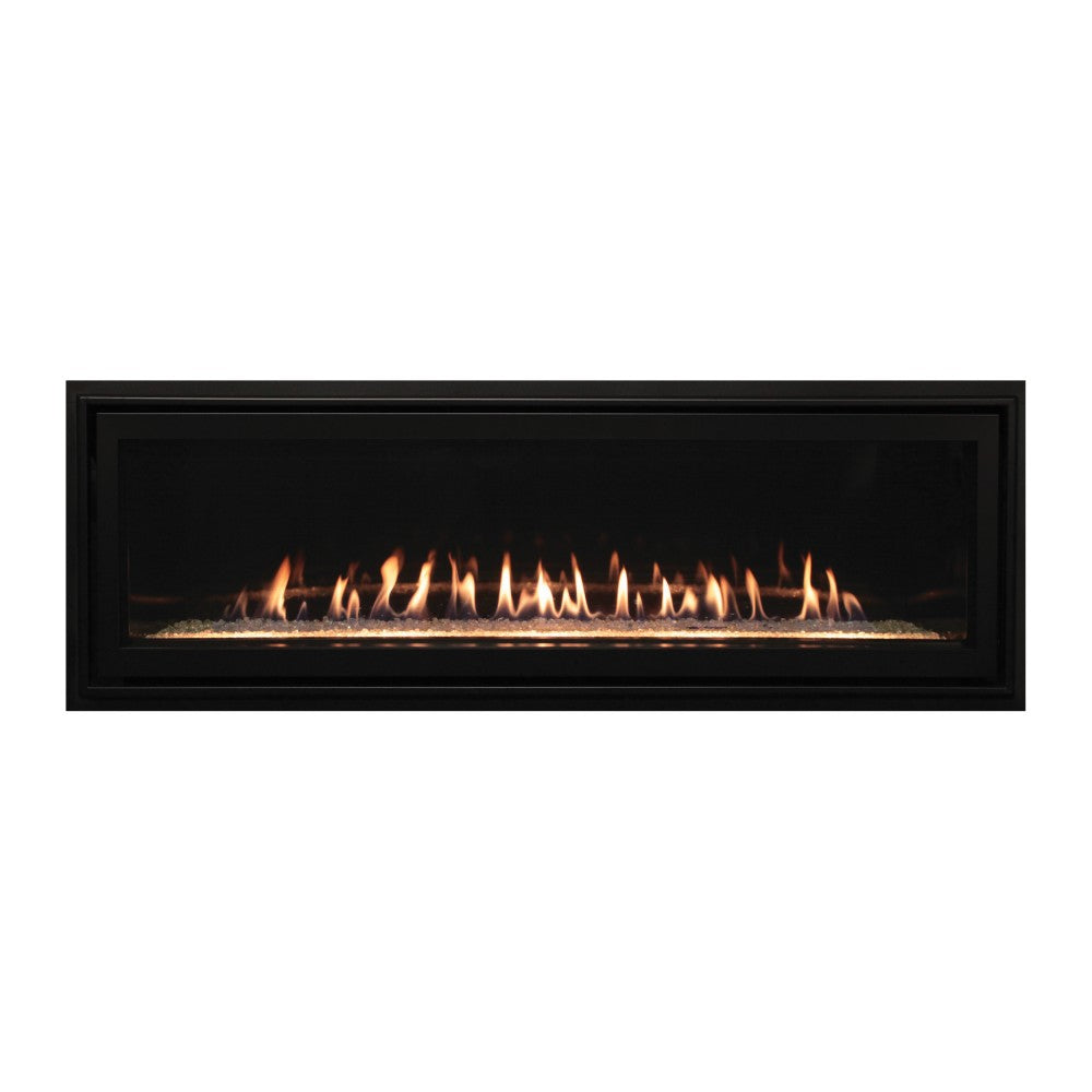 Empire Boulevard 60-Inch Linear Direct Vent Gas Fireplace with Crushed Glass and Black Trim