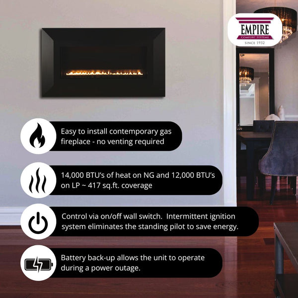Empire Boulevard SL: 30-Inch Wall Mounted/Recessed Ventless Gas Fireplace Features
