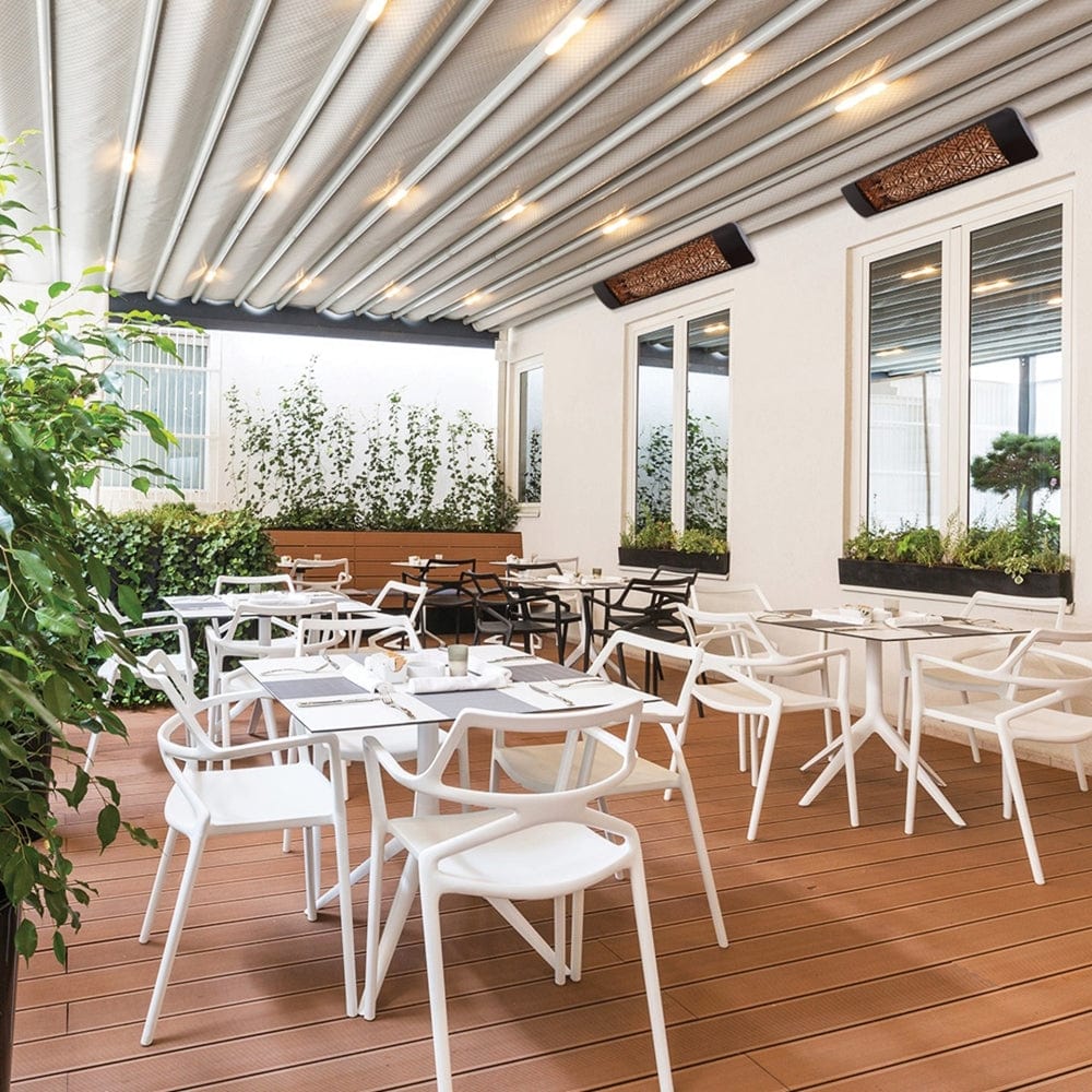 Eurofase 39-inch 39-Inch Dual Element Infrared Electric Heaters at a restaurant - side view