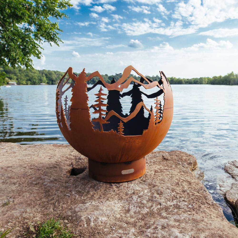 Fire Pit Art Mountain Vista 36-Inch Steel Fire Pit Near Lake
