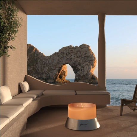 GlammFire Alba Free Standing Gas Fire Pit Standard at Patio Viewing the Sea