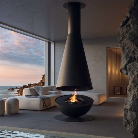 GlammFire Thales Firewood Wood Burning Fire Pit at Patio Viewing the Ocean