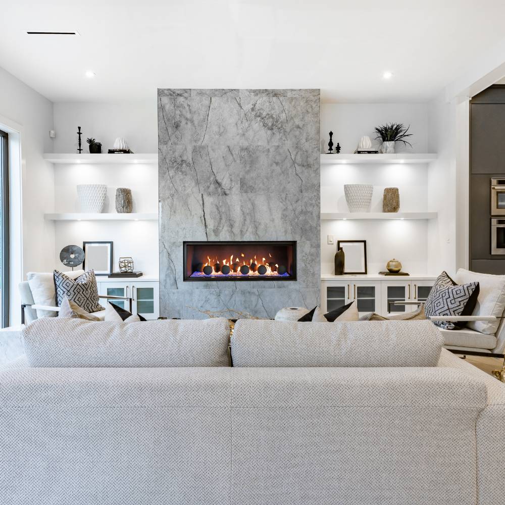 Grand Canyon Bedrock II Vented Linear Drop-In Gas Burner with Cannon Balls in Living Room