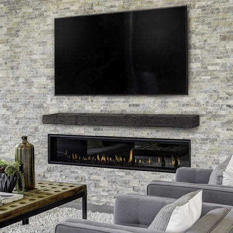 hayloft beam eclipse mantel above a linear fireplace