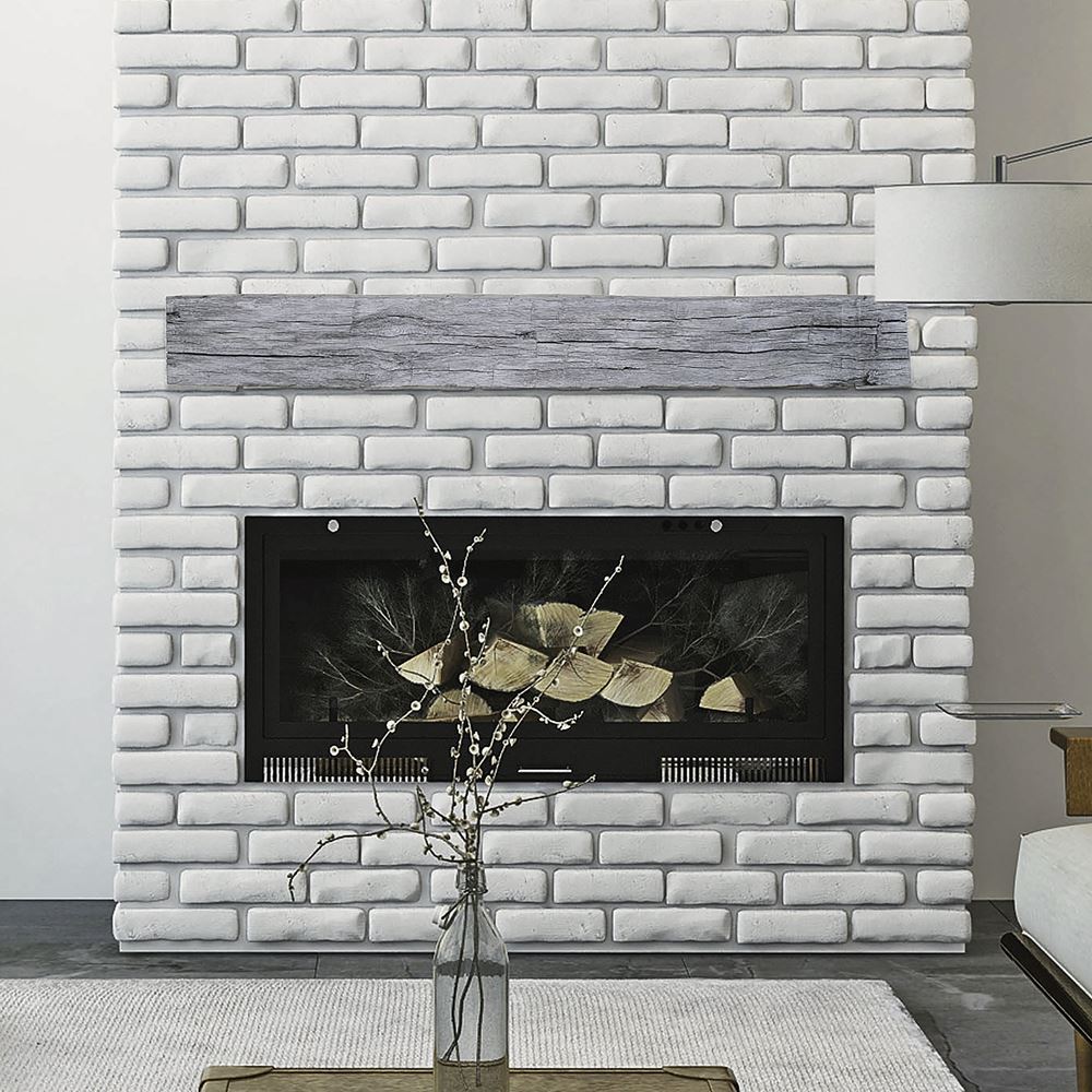 tobacco barn weathered grey mantel on a white brick wall