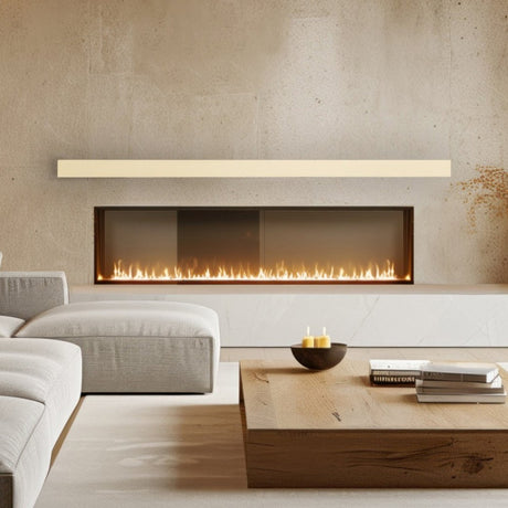 Lexington Hearth Horizon Concrete Faux Wood Mantel Shelf in Sahara Sand at Living Room