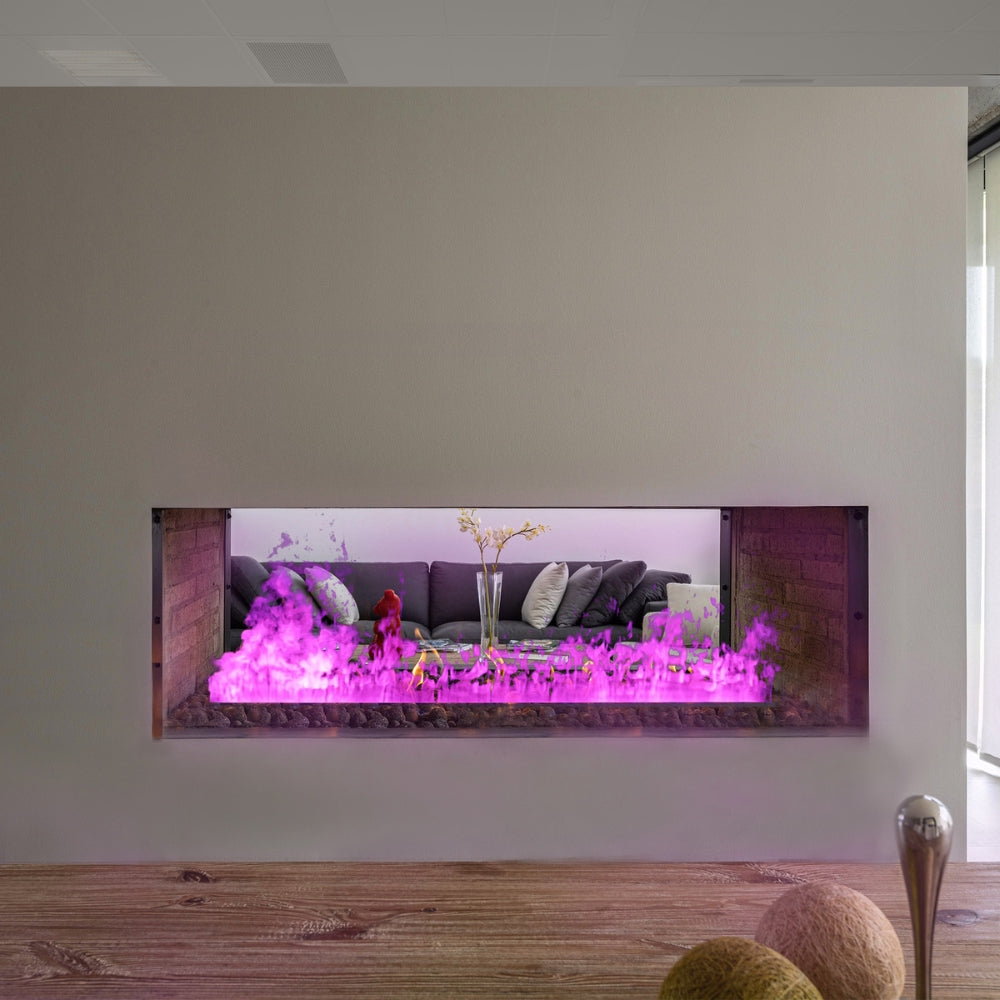 Litedeer Homes Mercury Vapor Fireplace Casette with purple flames recessed into a dividing wall
