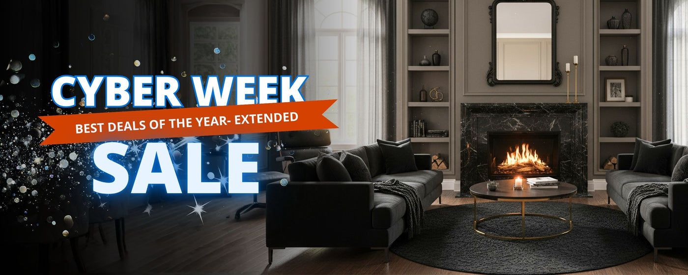 Modern living room, black marble fireplace surround, "Cyber Week Sale - Best Deals of the Year EXTENDED" banner text