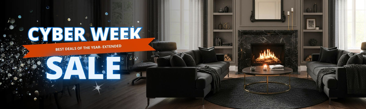 Modern living room, a fireplace with black marble, banner text reads "Cyber Week Sale - Best Deals of the Year Extended"