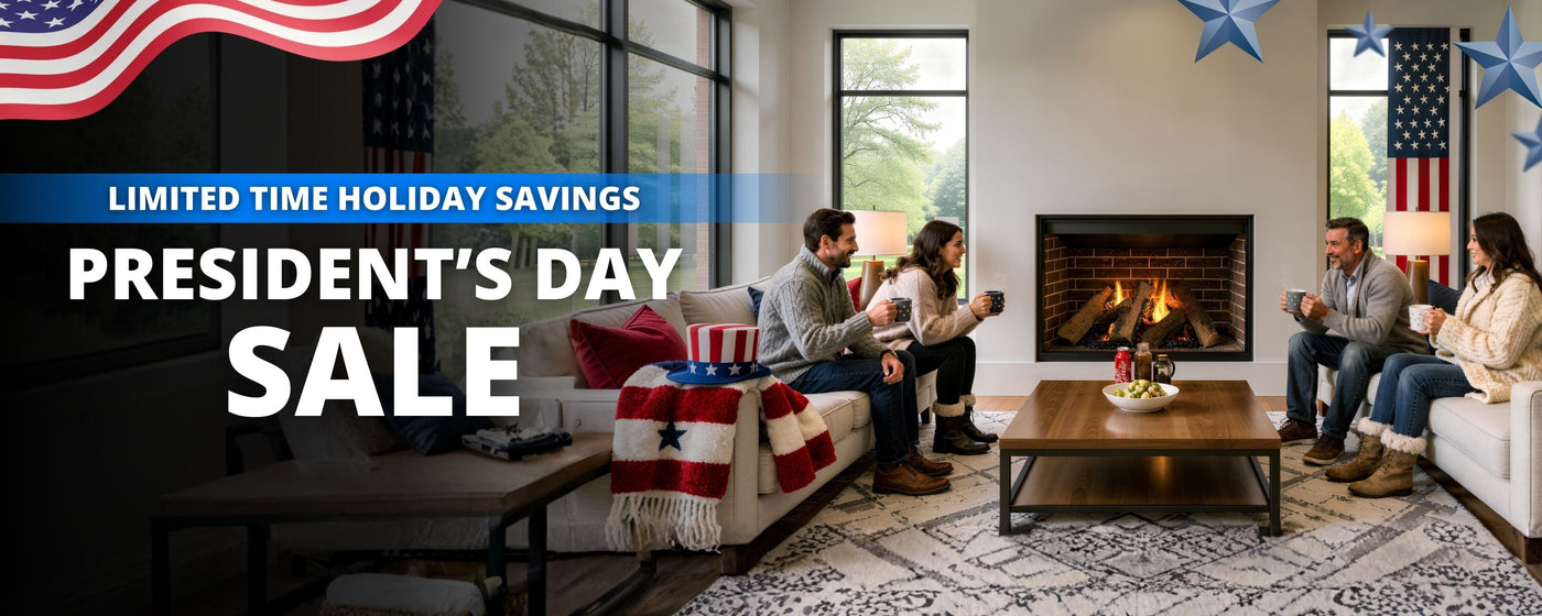 Family gathered around a fireplace in a living room with holiday decorations and a Presidents Day sale banner.
