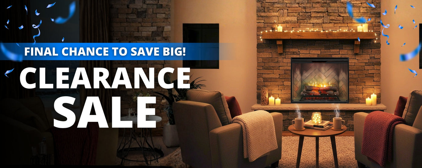 Living room with a brick fireplace wall, couches with throw rugs, a candle and two cups on the coffee table, text reads "Clearance Sale"