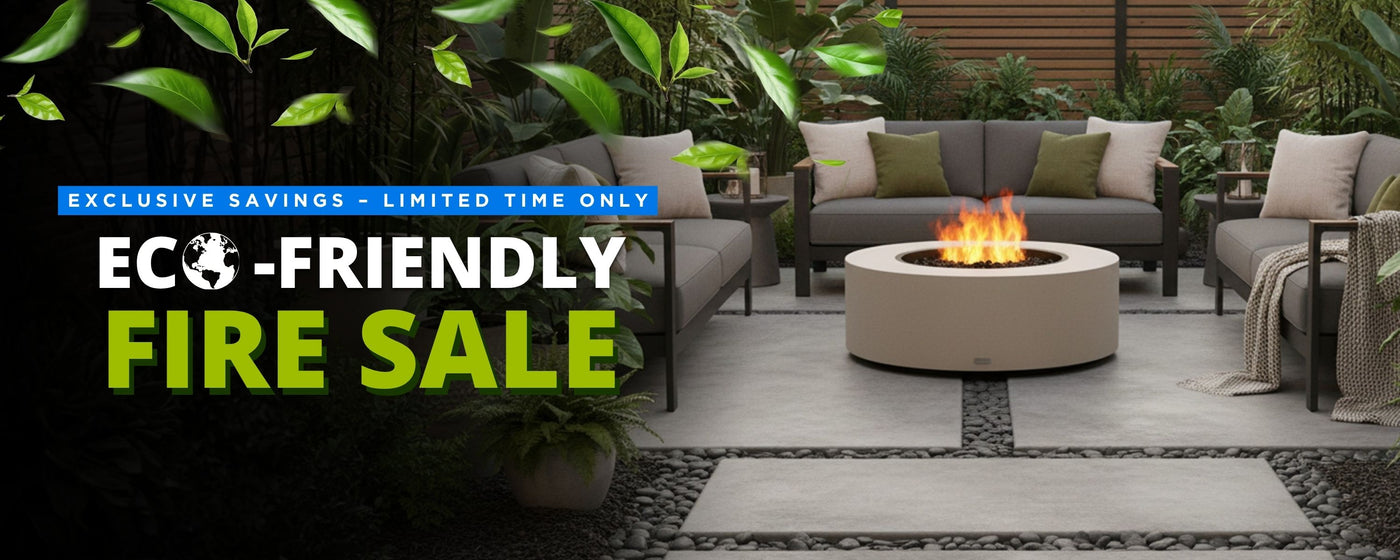 Round fire pit on a pebbled patio, lush plants behind outdoor furniture, text reads "Eco-Friendly Fire Sale"