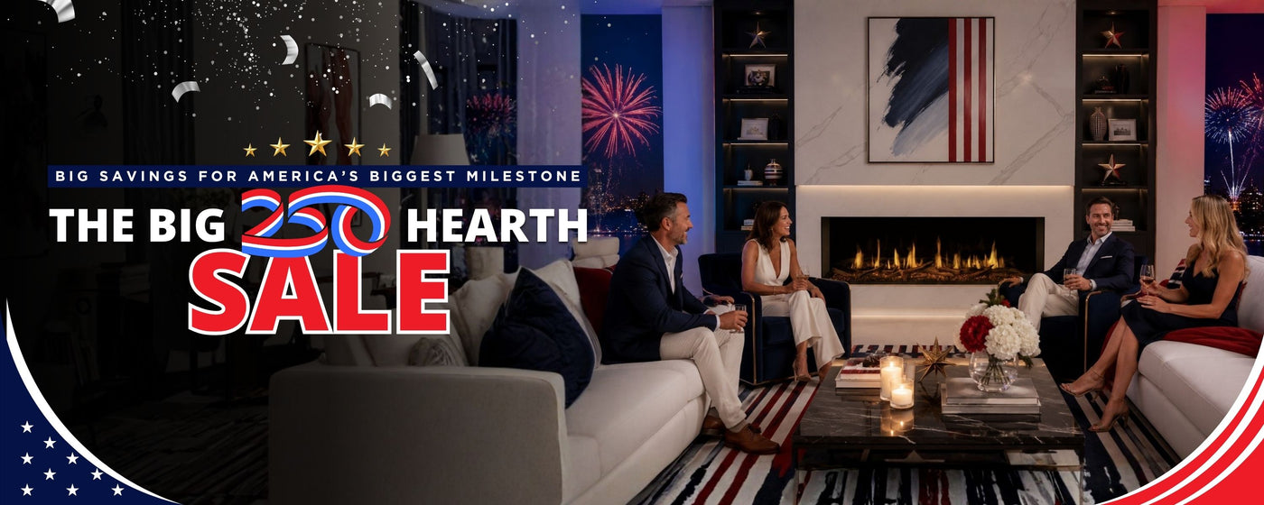Friends in a living room setting, July 4th fireworks outside the window. Text read "The Big 250 Hearth Sale"