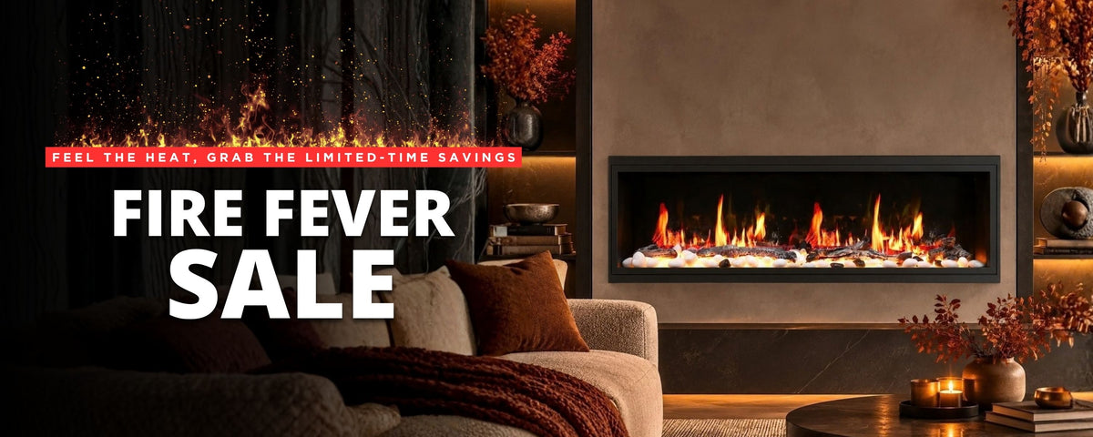 Electric fireplace in a modern living room with fall decor, text reads "Fire Fever Sale"