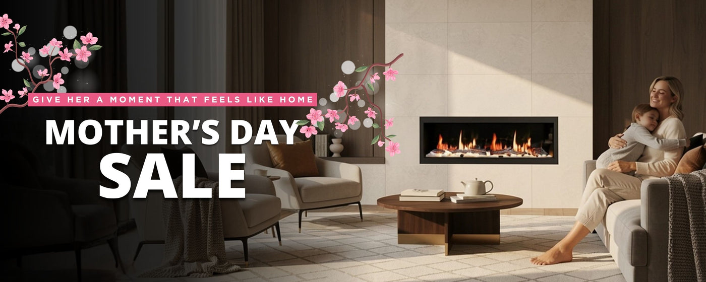 Modern living room with a fireplace, cherry blossom graphics, and a mother with her child on the couch.