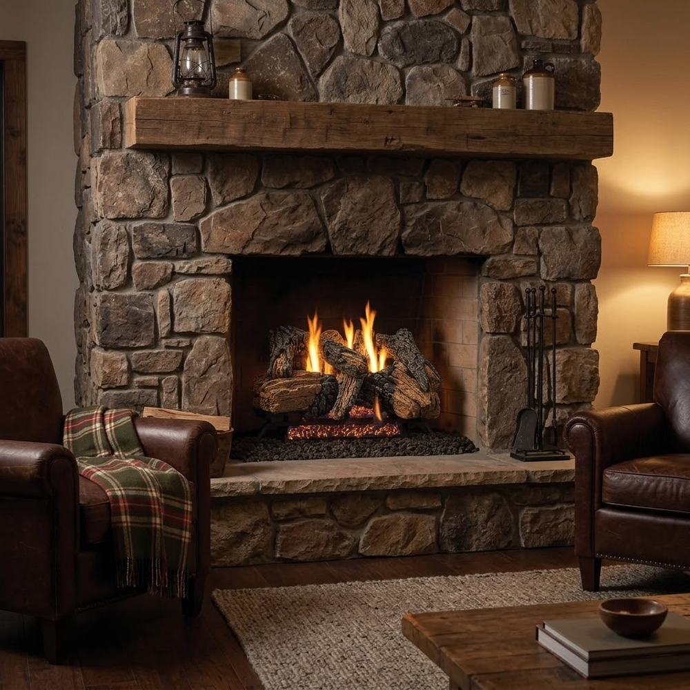 Majestic Radiant Burner vented gas log set with Duzy 3 logs burning in a fieldstone fireplace with a timber mantel in a rustic lodge living room