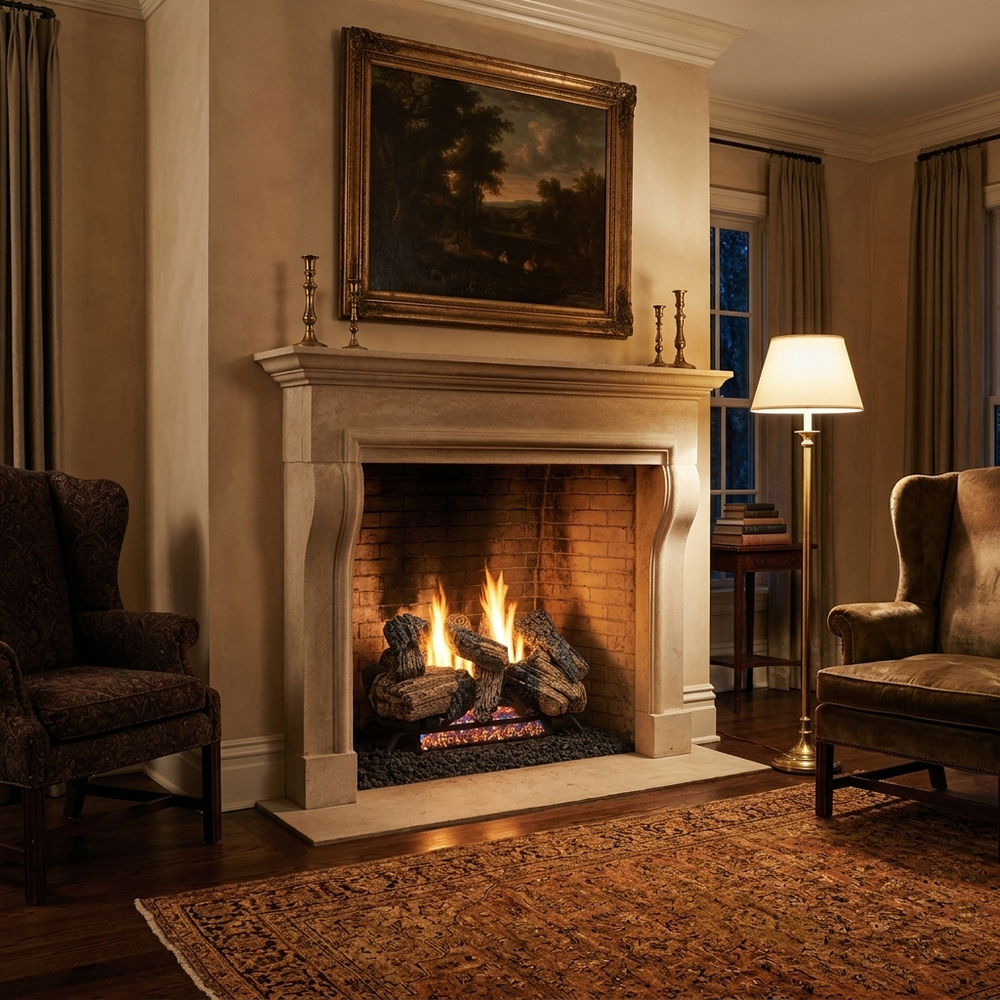 Majestic Radiant Burner vented gas log set with Duzy 3 logs burning in a limestone fireplace in an elegant traditional living room