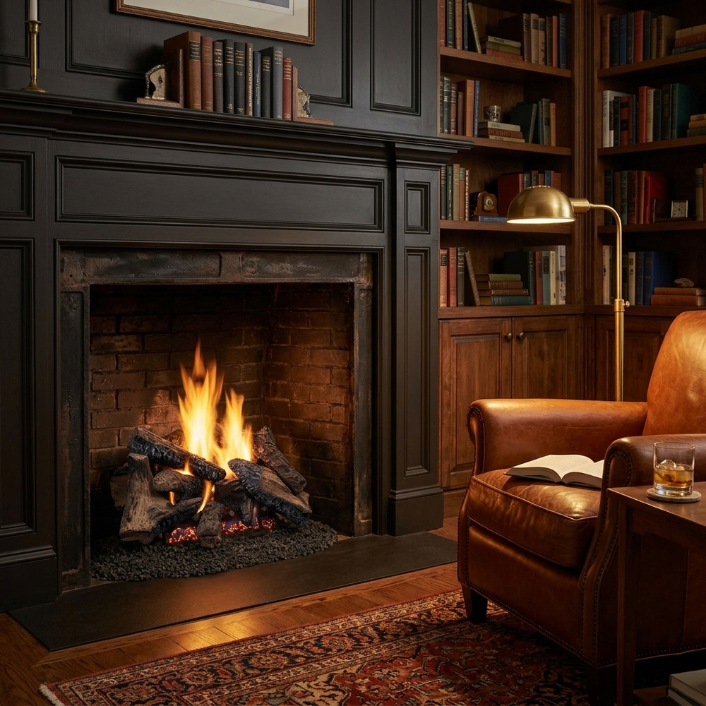 Majestic Radiant Burner vented gas log set with Duzy 5 logs burning in a fireplace in a home library with a leather reading chair