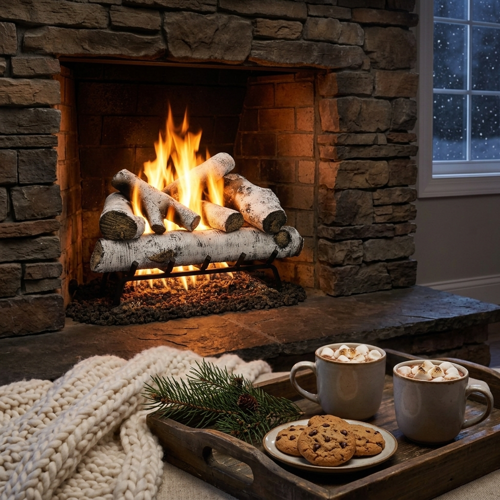 Majestic Woodland Birch vented gas log set glowing in a stone fireplace behind hot chocolate and cookies
