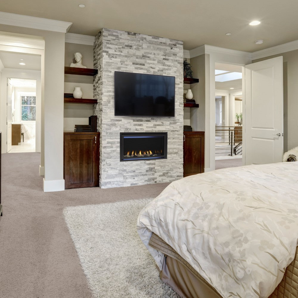 Majestic Jade Linear Direct Vent Gas Fireplace in Bedroom