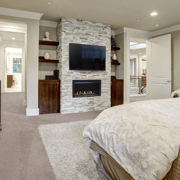 Majestic Jade Linear Direct Vent Gas Fireplace in Bedroom