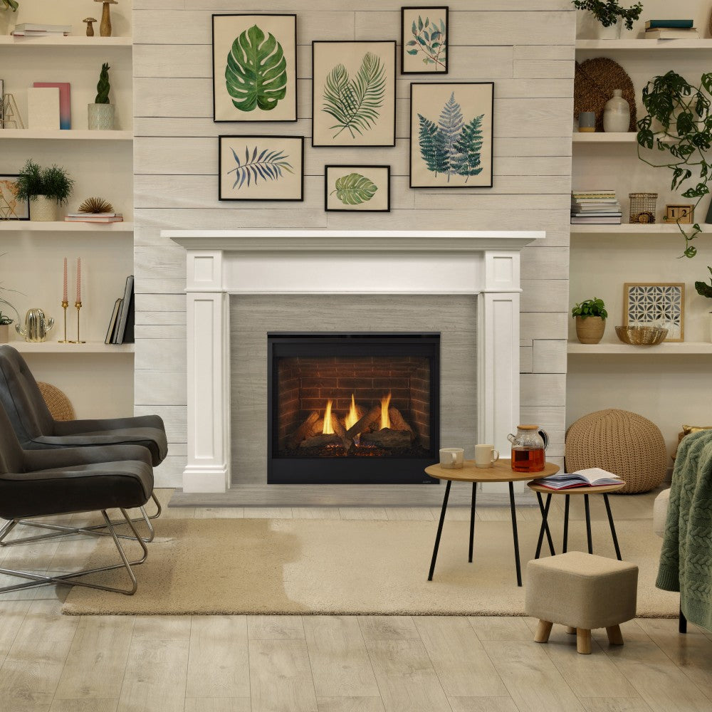 Majestic Quartz Platinum 36-Inch Vented Gas Fireplace in Living Room with Brick Panel