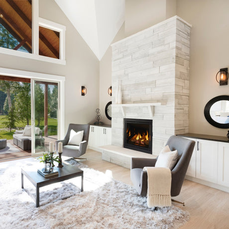 Majestic Quartz Platinum 36-Inch Vented Gas Fireplace in Living Room with Mantel