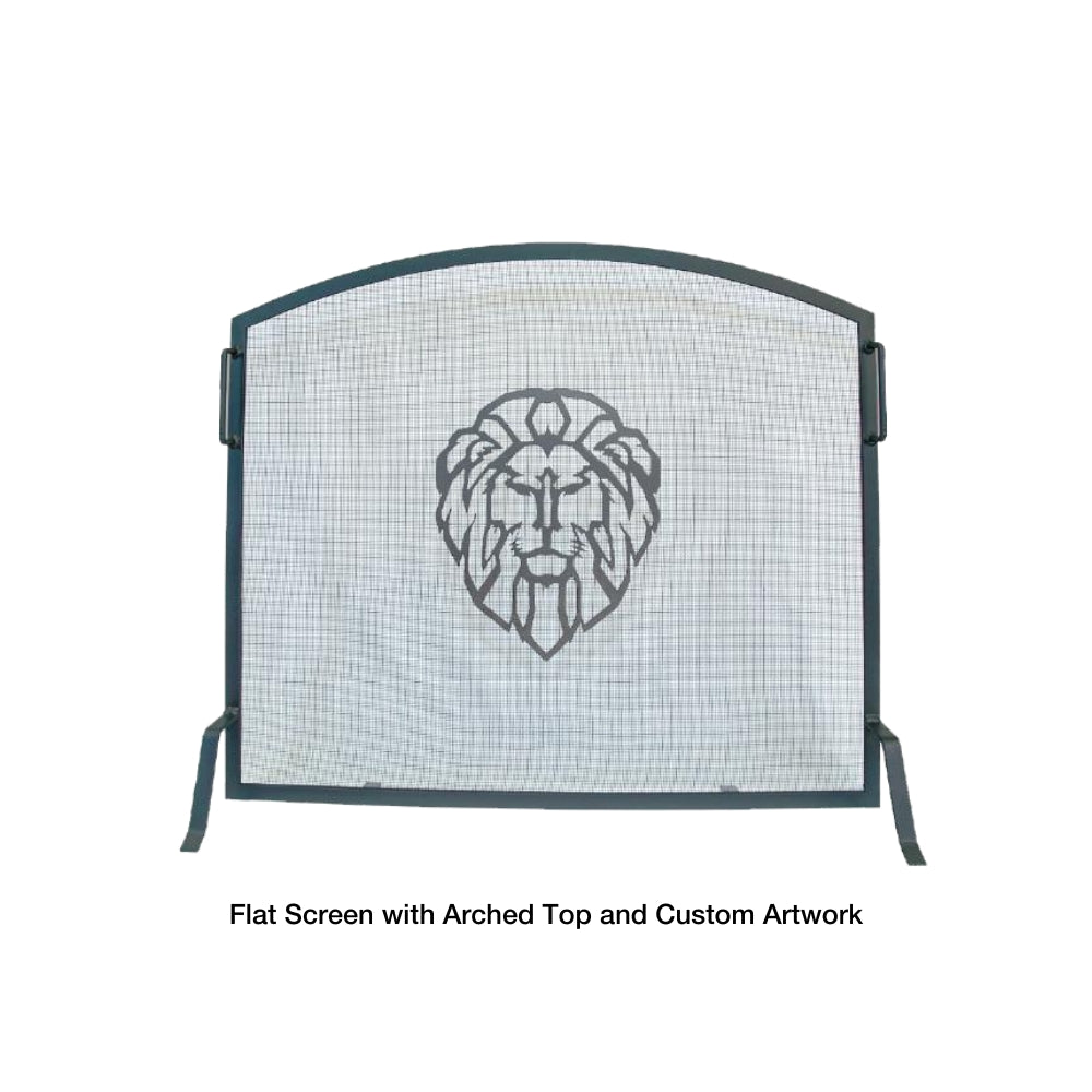 Modern Blaze Flat Steel Fireplace Screen with Arched Top and Artwork