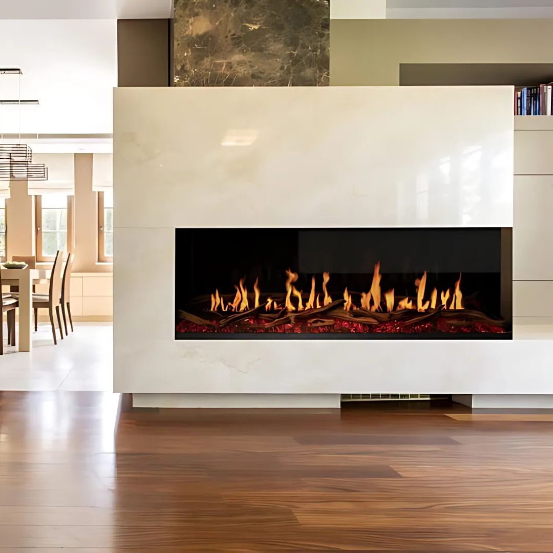 Modern Flames Orion Multi Smart Virtual Electric Fireplace In The Kitchen Right Corner Open