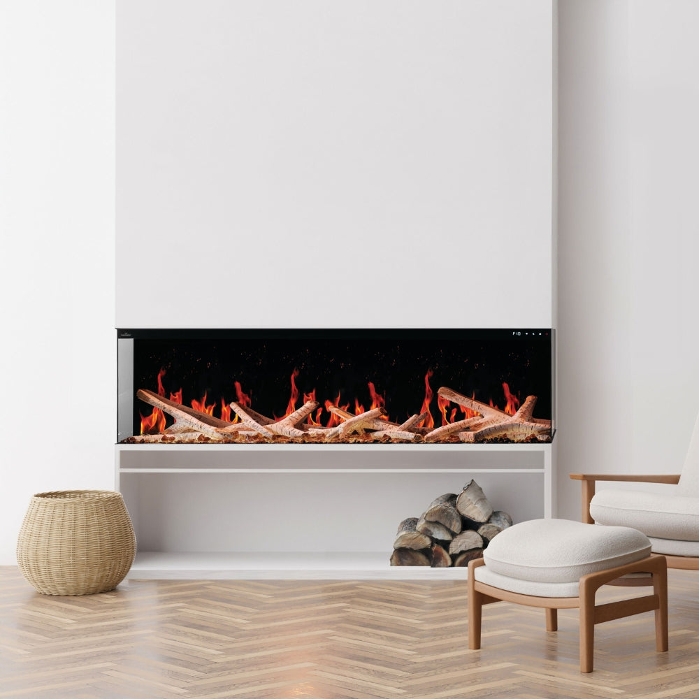 3 sided installation of the Napoleon Luminex 65-Inch Smart Electric Fireplace in a living room