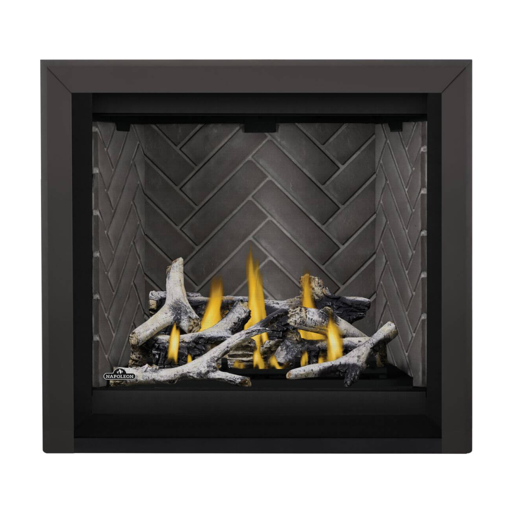 Napoleon Altitude X 36-Inch Gas Fireplace with Birch Log Kit - Westminster Grey Herringbone Panels - Black Bevelled Trim