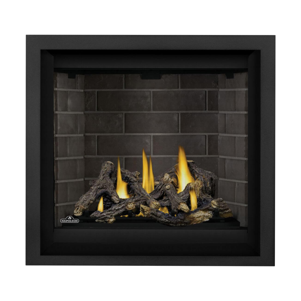 Napoleon Altitude X 36-Inch Gas Fireplace with Split Oak Log Set- Westminster Grey Standard Panels - Black Trim Kit