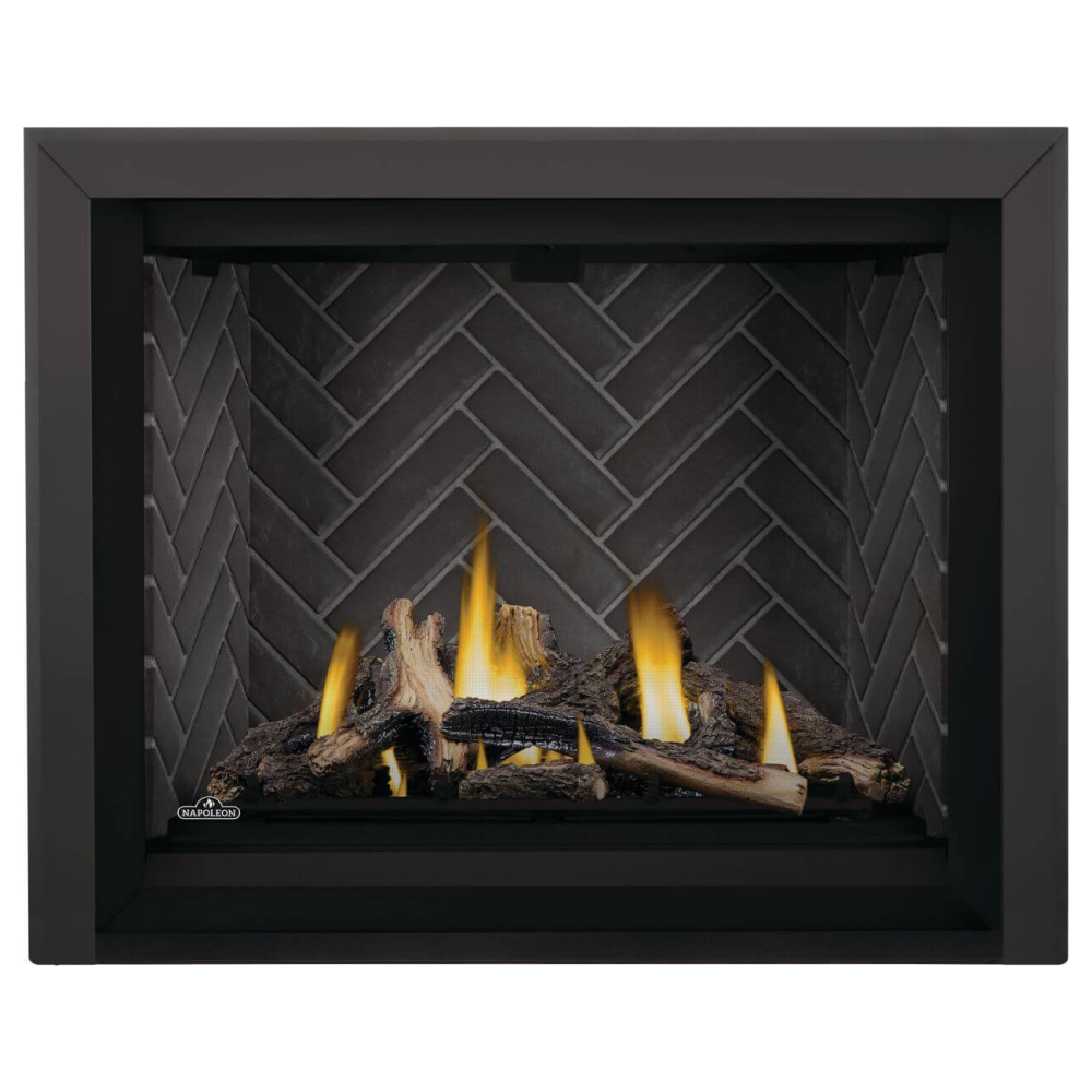 Napoleon Altitude X 42-Inch Gas Fireplace with Driftwood Log Set - Westminster Grey Herringbone Panels - Black Bevelled Trim