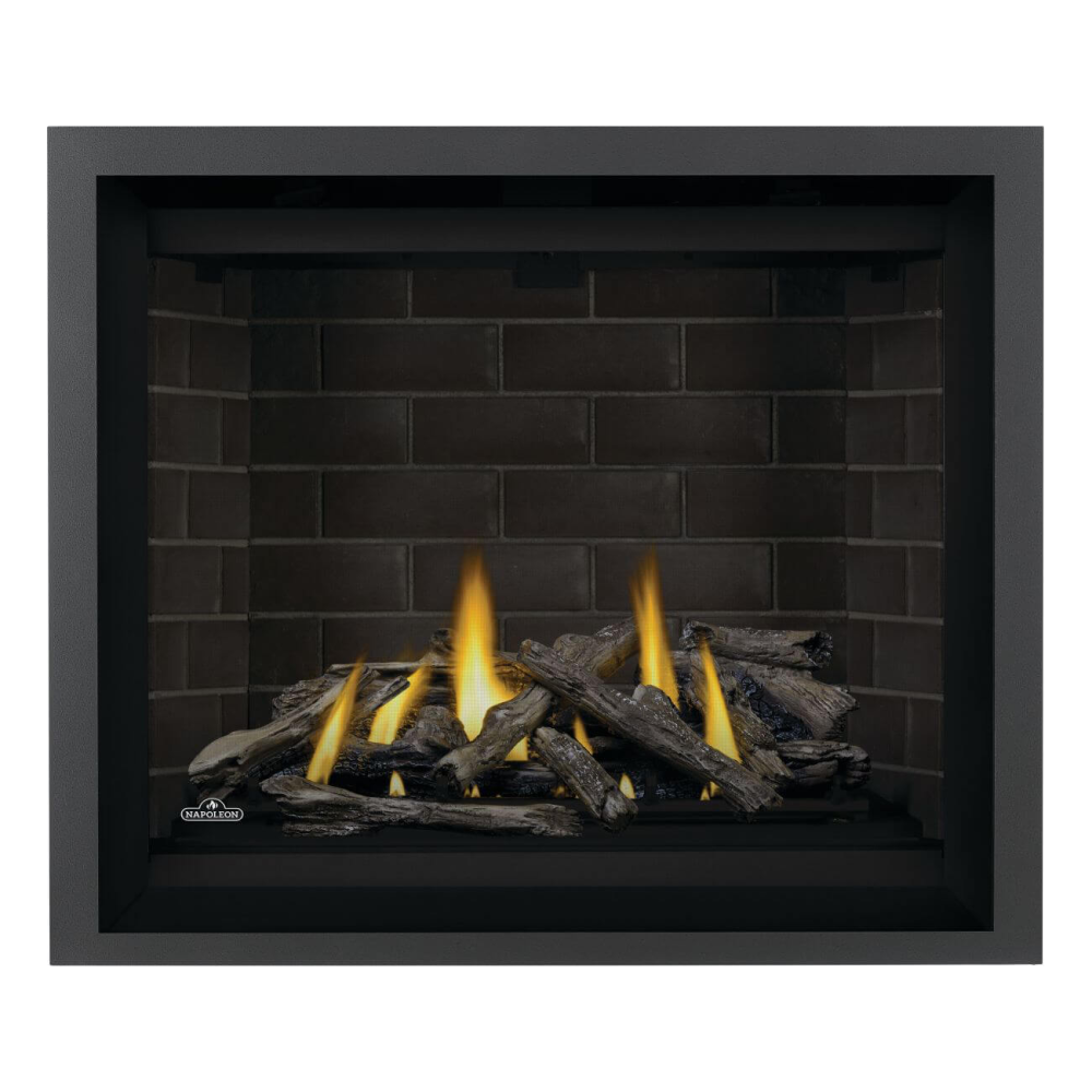 Napoleon Altitude X 42-Inch Gas Fireplace with Driftwood Log Set - Westminster Grey Standard Panels - Charcoal Trim Kit