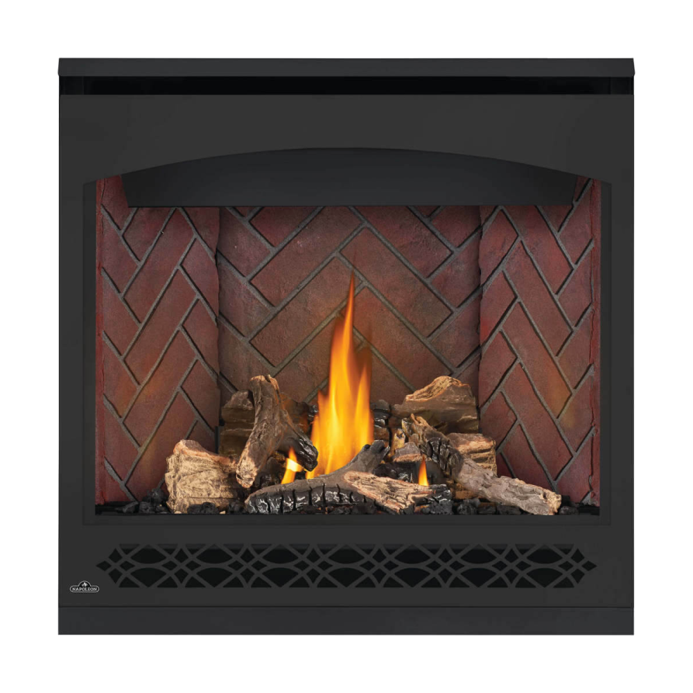 Napoleon Ascent 36-Inch Gas Fireplace with Old Town Red Herringbone Panels - Black Heritage Decorative Barrier