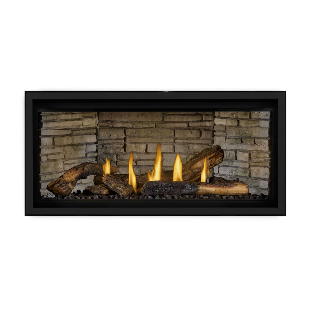 Napoleon Ascent Linear Premium Gas Fireplace with Split Oak Log Set - Ledgestone Decorative Panels