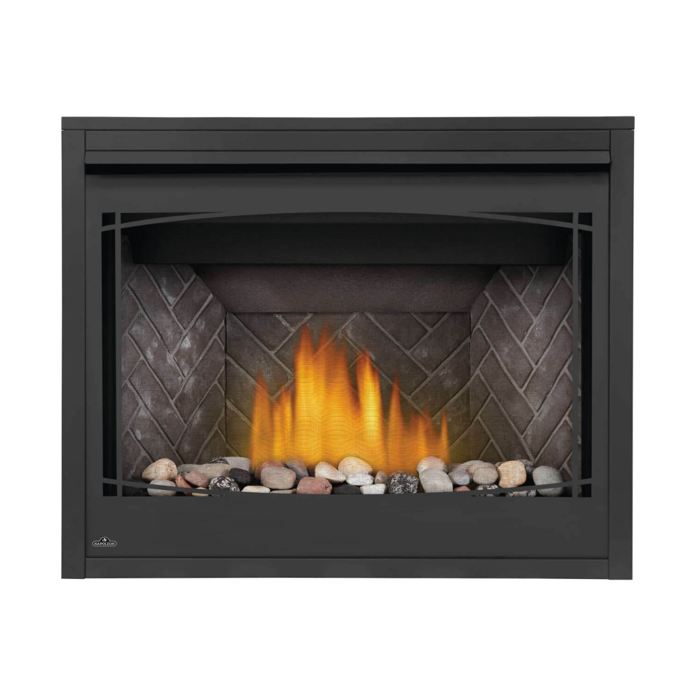 Napoleon Ascent X 42-Inch Gas Fireplace with Mineral Rock Kit - Old Town Red Herringbone Panels - Black Zen Decorative Barrier - 3-Inch Trim Kit
