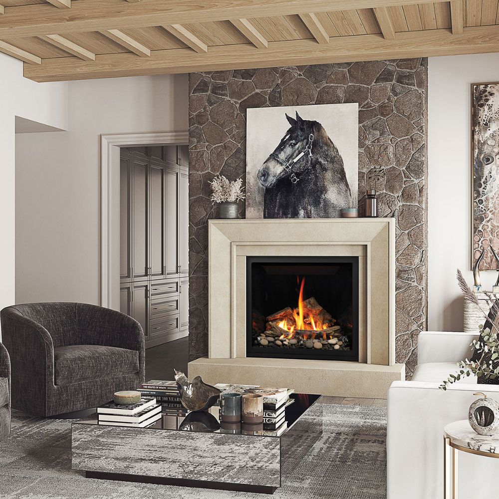 Omega 4116.8 GS Picture Frame Cast Stone Fireplace Mantel Surround on a stone wall