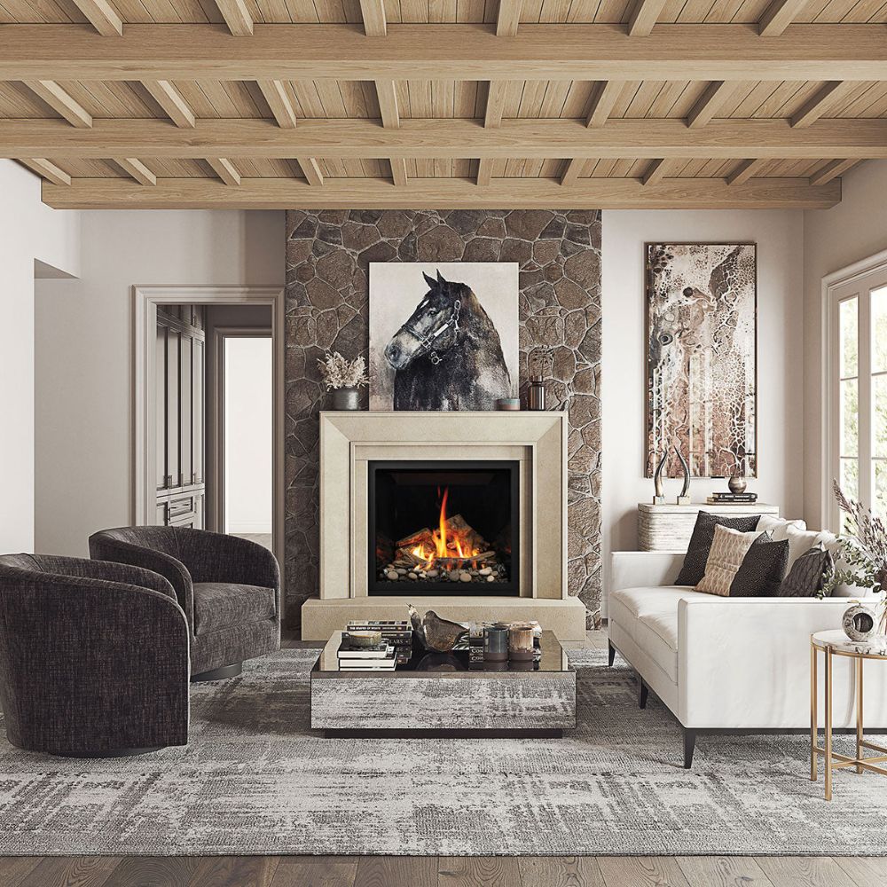 Omega 4116.8 GS Picture Frame Cast Stone Fireplace Mantel Surround in a modern cabin inspired living room